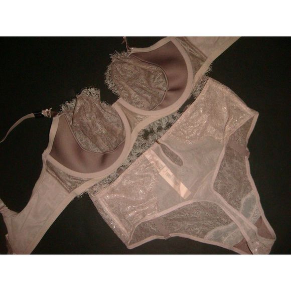 Victoria's Secret unlined 36D BRA SET thong taupe PINK gold foil lace VERY SEXY - Picture 4 of 7